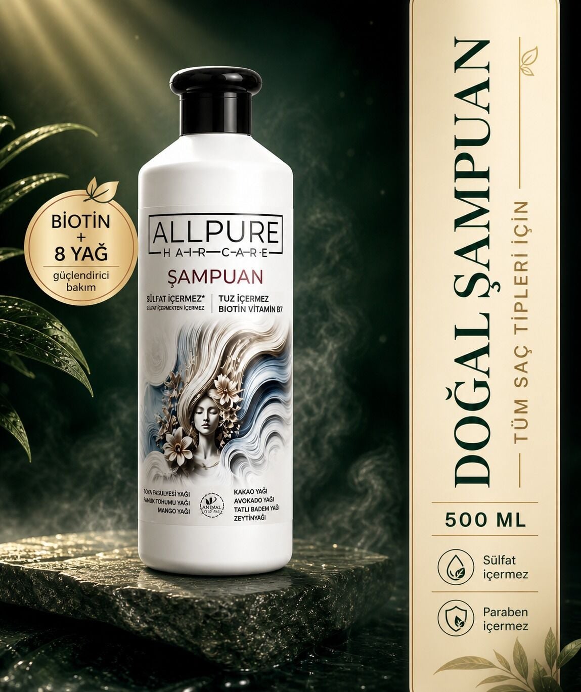 ALLPURE SHAMPOO 500ml (Natural SHAMPOO with BIOTIN, COLLAGEN and 7 OILS added, free of Sulfate, Salt and Paraben)