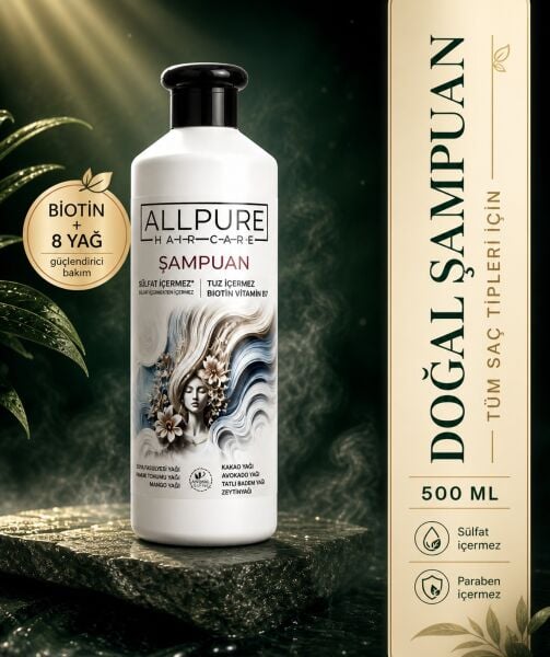 ALLPURE SHAMPOO 500 мл (натуральный ШАМПУНЬ с добавлением БИОТИНА, КОЛЛАГЕНА и 7 МАСЕЛ, без сульфатов, соли и парабенов)
