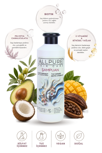 ALLPURE SHAMPOO 500ml ( Sulfat, Tuz ve Paraben içermeyen BIOTIN, COLLAGEN ve 7 YAĞ katkılı Doğal ŞAMPUAN)
