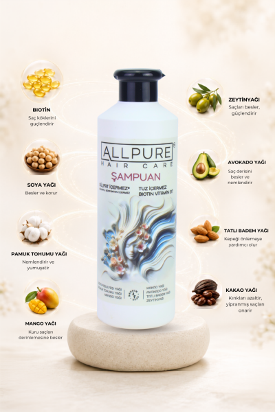 ALLPURE SHAMPOO 500ml ( Sulfat, Tuz ve Paraben içermeyen BIOTIN, COLLAGEN ve 7 YAĞ katkılı Doğal ŞAMPUAN)
