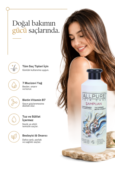 ALLPURE SHAMPOO 500ml ( Sulfat, Tuz ve Paraben içermeyen BIOTIN, COLLAGEN ve 7 YAĞ katkılı Doğal ŞAMPUAN)