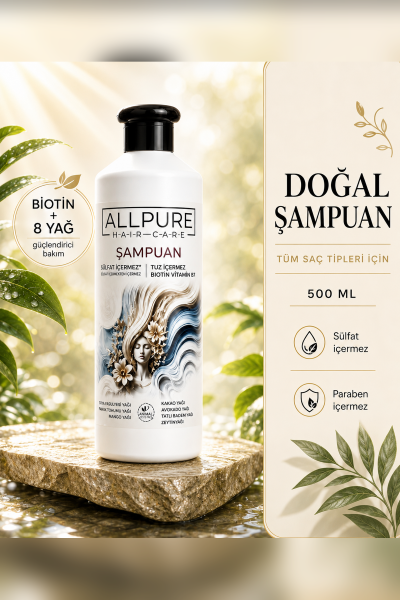 ALLPURE SHAMPOO 500ml ( Sulfat, Tuz ve Paraben içermeyen BIOTIN, COLLAGEN ve 7 YAĞ katkılı Doğal ŞAMPUAN)