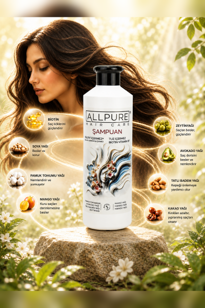 ALLPURE SHAMPOO 500ml ( Sulfat, Tuz ve Paraben içermeyen BIOTIN, COLLAGEN ve 7 YAĞ katkılı Doğal ŞAMPUAN)