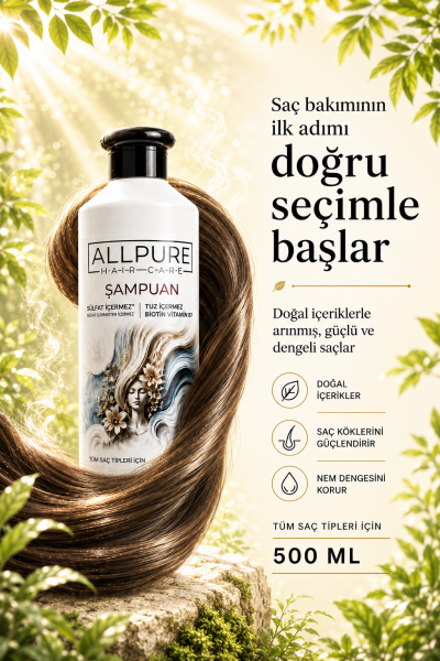 ALLPURE SHAMPOO 500ml ( Sulfat, Tuz ve Paraben içermeyen BIOTIN, COLLAGEN ve 7 YAĞ katkılı Doğal ŞAMPUAN)