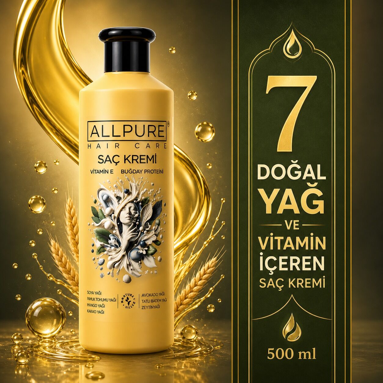 ALLPURE HAIR CONDITIONER 500ml ( VİTAMİN E + Buğday Proteini ve 7 YAĞ katkılı Doğal SAÇ KREMİ)