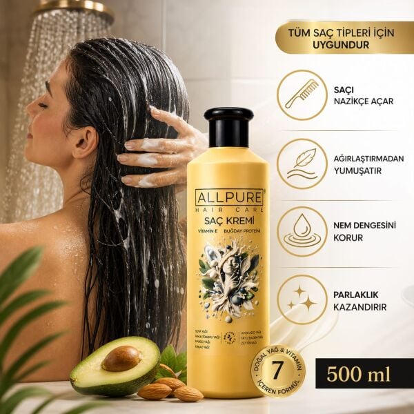ALLPURE HAIR CONDITIONER 500ml ( VİTAMİN E + Buğday Proteini ve 7 YAĞ katkılı Doğal SAÇ KREMİ)