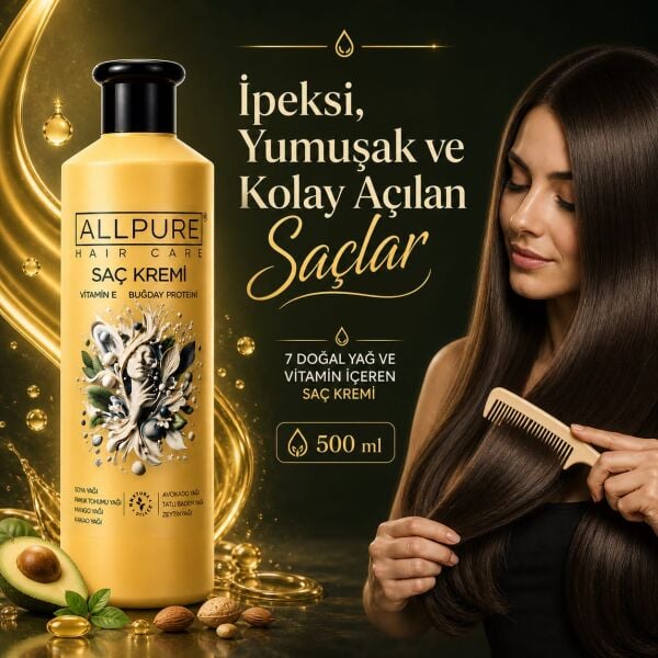 ALLPURE HAIR CONDITIONER 500ml ( VİTAMİN E + Buğday Proteini ve 7 YAĞ katkılı Doğal SAÇ KREMİ)
