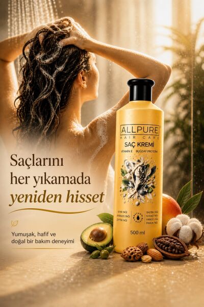 ALLPURE HAIR CONDITIONER 500ml ( VİTAMİN E + Buğday Proteini ve 7 YAĞ katkılı Doğal SAÇ KREMİ)