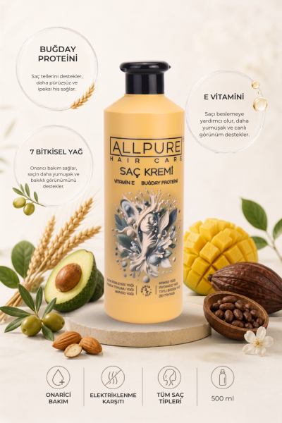 ALLPURE HAIR CONDITIONER 500ml ( VİTAMİN E + Buğday Proteini ve 7 YAĞ katkılı Doğal SAÇ KREMİ)