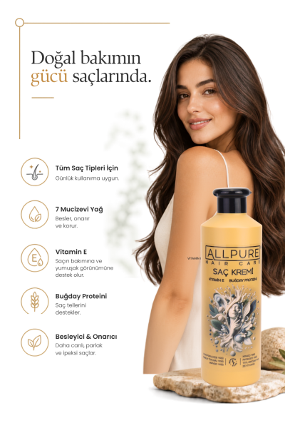 ALLPURE HAIR CONDITIONER 500ml ( VİTAMİN E + Buğday Proteini ve 7 YAĞ katkılı Doğal SAÇ KREMİ)