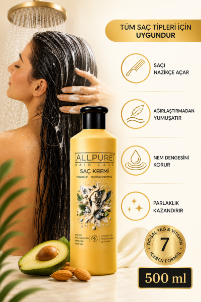 ALLPURE HAIR CONDITIONER 500ml ( VİTAMİN E + Buğday Proteini ve 7 YAĞ katkılı Doğal SAÇ KREMİ)