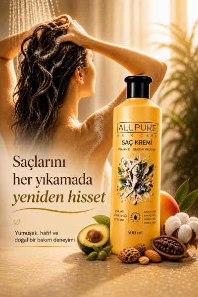ALLPURE HAIR CONDITIONER 500ml ( VİTAMİN E + Buğday Proteini ve 7 YAĞ katkılı Doğal SAÇ KREMİ)