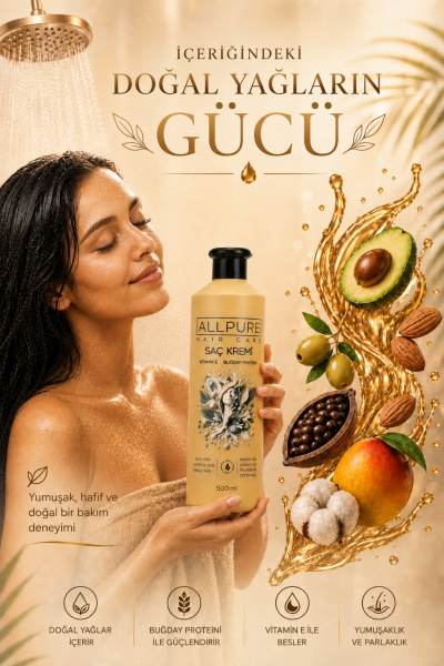 ALLPURE HAIR CONDITIONER 500ml ( VİTAMİN E + Buğday Proteini ve 7 YAĞ katkılı Doğal SAÇ KREMİ)
