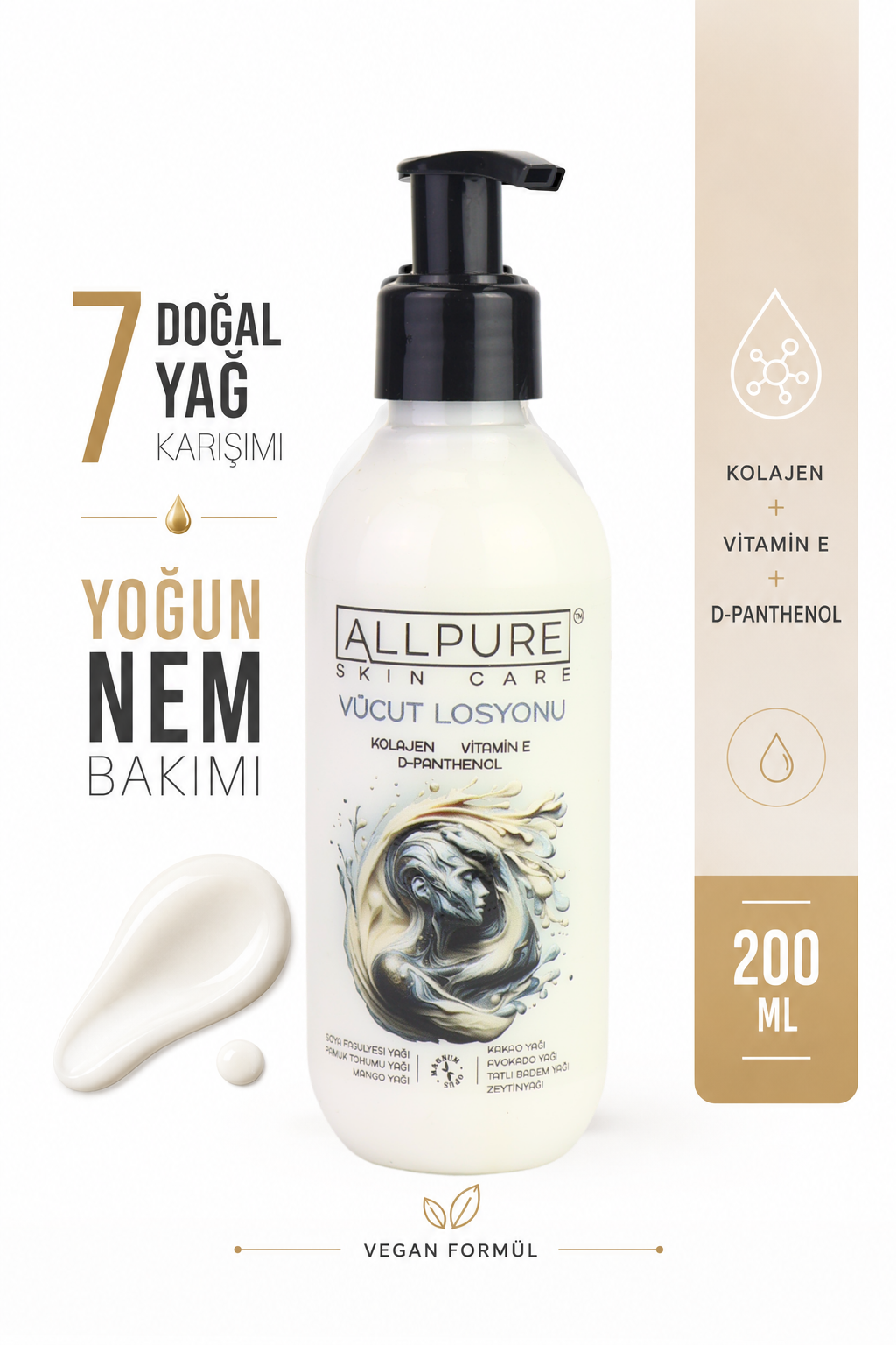 ALLPURE MOISTURIZER BODY MILK 200ml ( Collagen + Vitamin E + Vitamin B5 + 7 Yağ Karışımlı Yoğun Nemlendiricili Vücut Losyonu 200ml)
