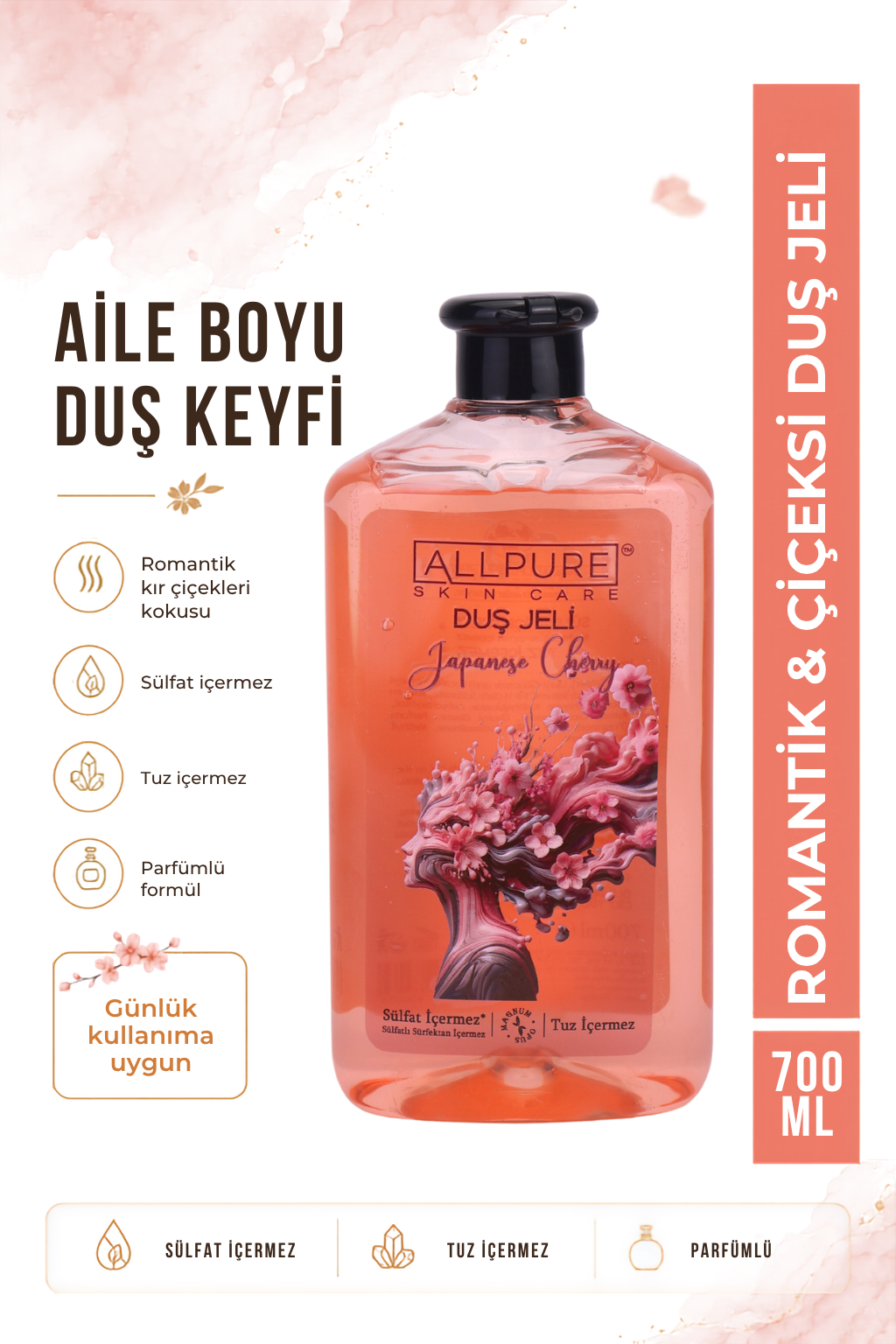 ALLPURE SHOWER GEL 700ml (Family Size) JAPANESE CHERRY - Japon Kiraz Çiçeği Duş Jeli Aile Boyu