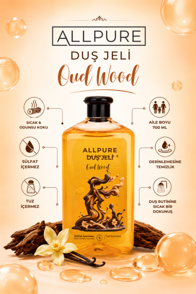 ALLPURE SHOWER GEL 700ml (Family Size) OUD WOOD - Ud Ağacı Esanslı Duş Jeli Aile boyu