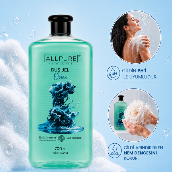 ALLPURE SHOWER GEL 700ml (Family Size) OCEAN - Okyanus Esintisi Duş Jeli Aile boyu