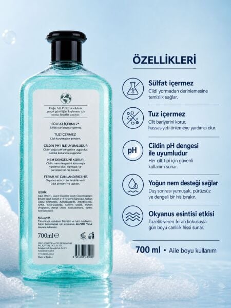 ALLPURE SHOWER GEL 700ml (Family Size) OCEAN - Okyanus Esintisi Duş Jeli Aile boyu