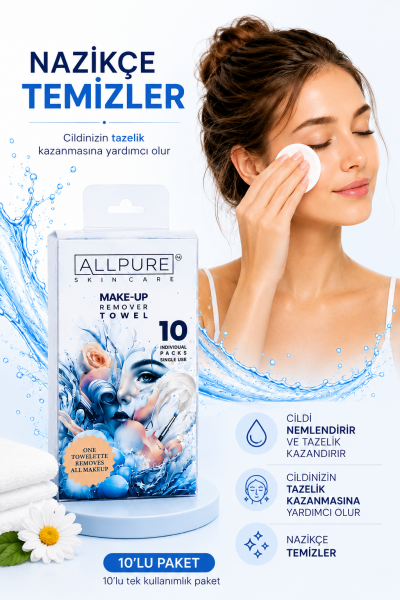 ALLPURE MAKE-UP REMOVER TOWEL 10 pcs. Pack (Makyaj Temizleme Havlusu 10 adet TEKLİ  MICELLAR HAVLU)