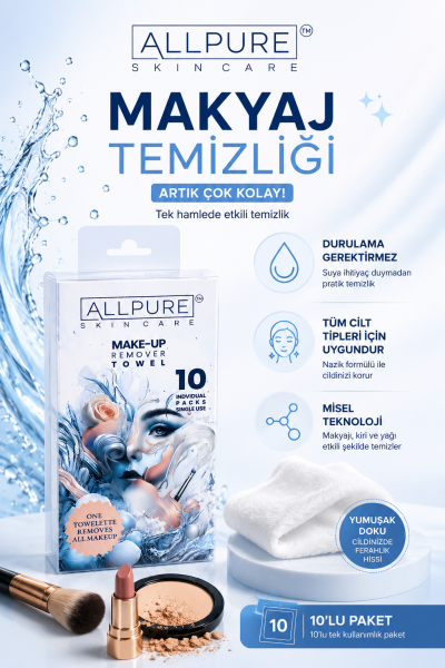 ALLPURE MAKE-UP REMOVER TOWEL 10 pcs. Pack (Makyaj Temizleme Havlusu 10 adet TEKLİ  MICELLAR HAVLU)